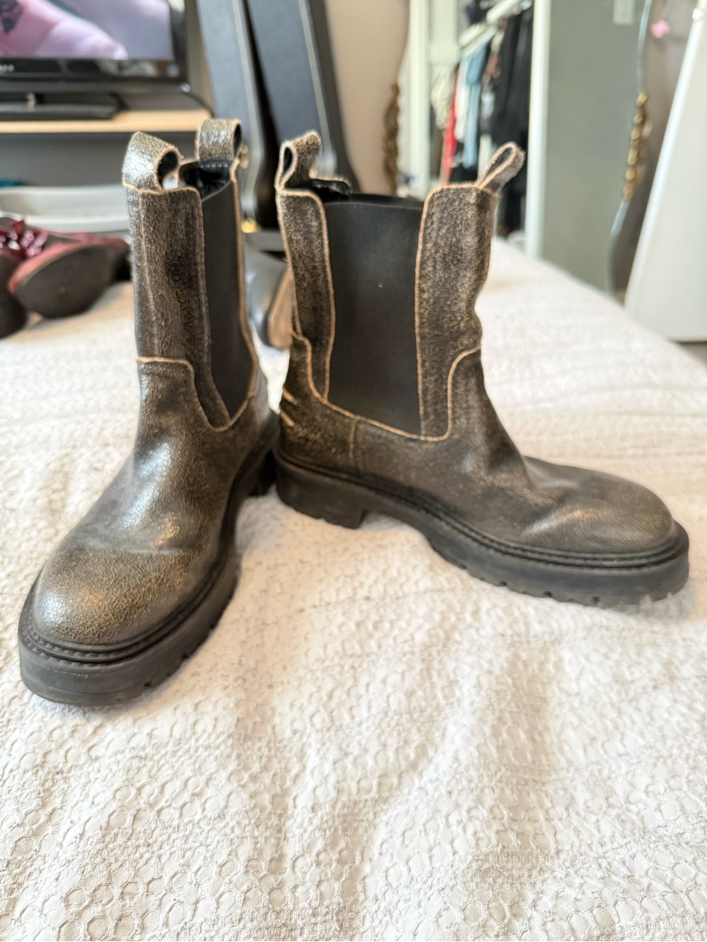 Zara Brown Crackle Chelsea Boots Chunky Lug Sole EU 41